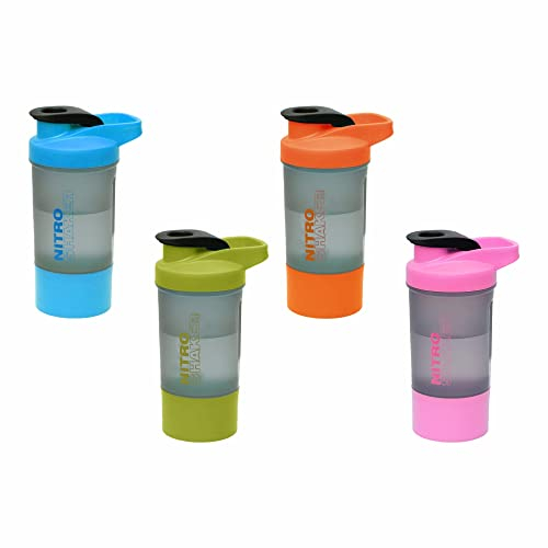 Set of Blue, Green, Pink and Orange - Nitro Plastic Protein Shaker Bottle On The Go Rust-Free Steel Spring Ball Flip Cap BPA Free Detachable Storage Cup Spill Proof Gym Supplements Measurable - 600 ml
