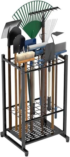 Organizer per attrezzi da giardino, scaffale per attrezzi da giardino, per l'organizzazione e la conservazione del garage, fino a 35 strumenti/rastrelli/scope con manico lungo, supporto per attrezzi