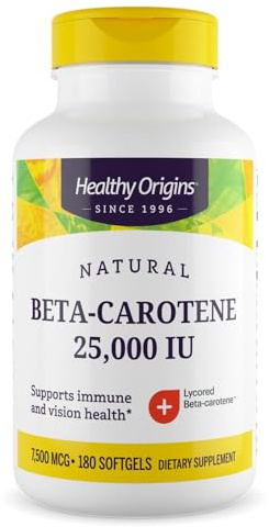 Healthy Origins Beta-Carotene 25,000 IU (7,500 mcg), Provitamin A Supplement for Antioxidant, Eye & Immune Support, 180 Softgels (6 Month Supply), Non-GMO & Gluten-Free