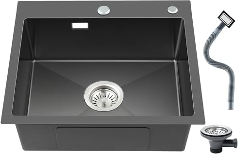 ROVOGO Spülbecken Schwarz 45 x 55 cm, Spüle Küche Edelstahl mit Löchern für Armatur und Seifenspender, Einbauspüle mit Siebkorbventil und Überlauf, Handgefertigte Küchenspüle 1 Becken