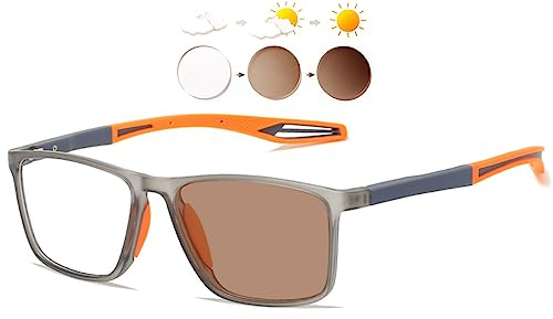 KOOSUFA Selbsttönende Lesebrille Blaulichtfilter Photochrome Herren Damen Federscharnier Rechteckiger Ultraleicht TR90 Rahmen mit UV-Schutz Sonnenlesebrille Lesehilfe Braune Linse/Grau Orange 1.0