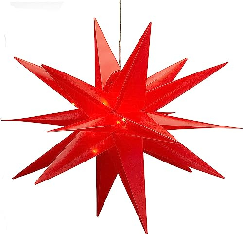 3D Leuchtstern inkl. warm-weißer LED Beleuchtung | Weihnachtsstern Advent Stern Deko beleuchtet | für Innen und Außen geeignet | mit Timerfunktion | 15 LEDs| Ø25cm (Rot)