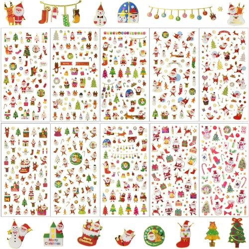 LANSKYLAN 10 Blätter Weihnachtssticker 3d Sticker Weihnachten Weihnachtsaufkleber 3d Aufkleber Weihnachten Scrapbook Sticker Kinder Weihnachtsmann Weihnachtsbaum Kleine Sticker für DIY Scrapbooking