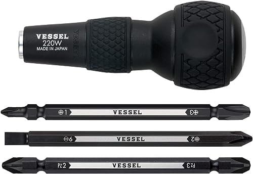 VESSEL Interchangeable Ball Grip Screwdriver Set with 1/4” Hex. Bit | Includes 3 Bits: +1, 3/+2, -6/PZ2, PZ3