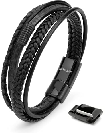SERASAR Lederarmband Herren Schwarz 20cm - Armband Männer Leder Armreif Lederband Herrenschmuck Armkette Flecht Wickelarmband Kette Men Leather Bracelet