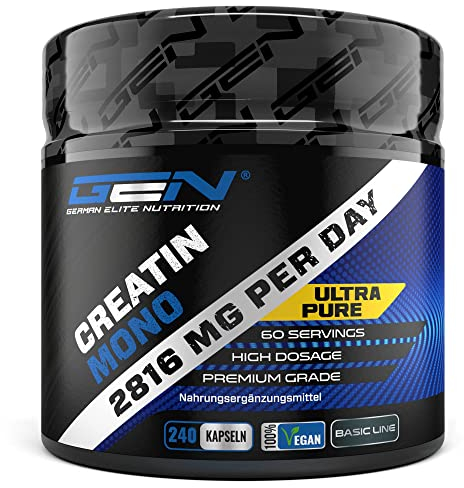 GEN GERMAN ELITE NUTRITION Créatine - 240 gélules végétaliennes - Hautement dosé avec 3200 mg de créatine monohydratée par jour - Premium : ultra fin + facteur de maille de 200 - Testé en laboratoire