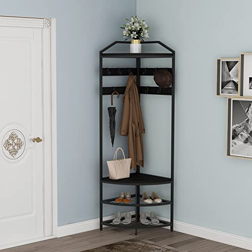 VEDECASA Coat Rack Stand with Shoe Storage Bench Free Standing Corner Hall Tree 4-Tier Corner Clothes Rack with 10 Metal Movable Hooks and Wooden Storage Shelves for Home Hallway Closet Bedroom Black
