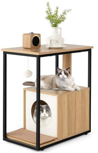 GOPLUS Table d'Appoint pour Chat, Armoire pour Chat avec Cabane pour Chat, Tapis en Peluche Amovible, Poteau à Griffer, Tapis à Griffer, Balle Interactive et Kits Anti-Basculement(Blanc+Naturel)