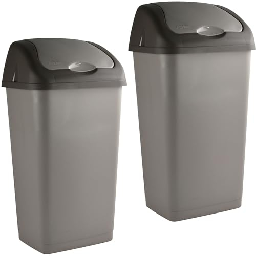 Sterling Ventures Large Rubbish Waste Swing Bin 60L for Kitchen Home Office Workplace Set Of 2 Bins Grey Indoor & Outdoor Use