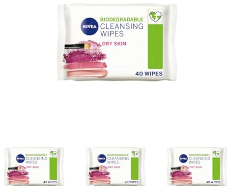 NIVEA Biodegradable Cleansing Wipes Dry Skin (40 sheets), Biodegradable Wipes made from 100% Plant Fibres, Make-Up Wipes, Face Wipes Makeup Remover (Pack of 4)