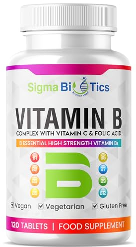 Vitamin B Complex Tablets - 8 Essential B Vitamins & Vitamin C - Folic Acid, B1, B2, B3, B5, B6 and Vitamin B12 Supplement - Vegan & Gluten Free - 120 Tablets for 4 Months Supply