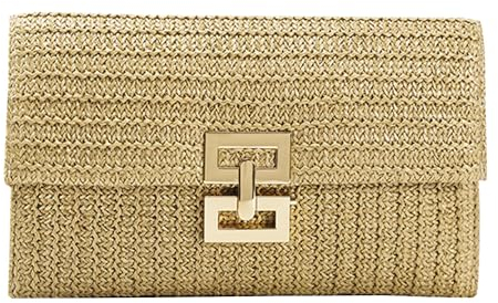 TOFBS Bolso de Paja para Mujer Verano Bolso de Mano Elegante Bolsa de Noche Ratán Sobre Embrague para Viaje Fiesta Vacación(Caqui)