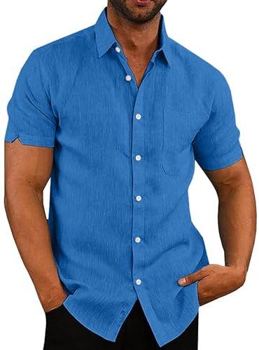 Rodawu Mens Linen Shirts Cotton Short Sleeved Shirts Regular Fit Casual Summer Shirts Lightweight Beach Shirt Blue Shirts XL