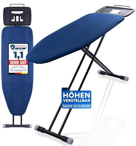 SCHWANFELD® Premium Bügelbrett XXL 120x42cm Bügelfläche [EXTRA STABIL & HÖHENVERSTELLBAR] - Bügelbrett für Dampfbügelstation - Bügeltisch mit rutschfesten Füßen - Ironing Board mit Ablage (Made in EU)