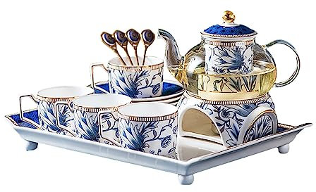 HPTHLY Fine Bone China Tea Set, Blue & White Porcelain Flower Tea Fruit Teas Sets With Glass Teapot And Warmer, Cup And Saucer Set For 4, Gifts For Tea Party, Tea Lover