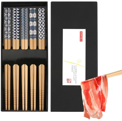 Palillos de madera, 5 pares de palillos chinos de porcelana blanca azul, 5 pares de palillos para comer palillos asiáticos tradicionales para sushi arroz y cocina china, calidad robusta
