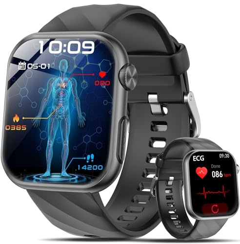 2026 Neu Smartwatch EKG+HRV/BMI/Harnsäure Herren Damen, 1.97'' AMOLED Gesundheitsuhr mit Bluetooth Anrufe, 24H Herzfrequenz/Schlafmonitor/Blutdruck/SOS-Notruf Fitnessuhr für Android/iOS (Schwarz)