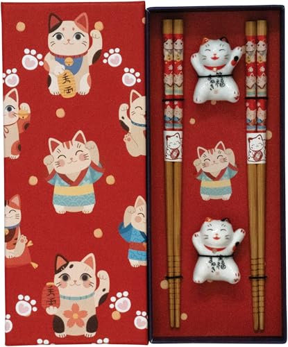 JADE TEMPLE Maneki Neko Chopsticks Set Red
