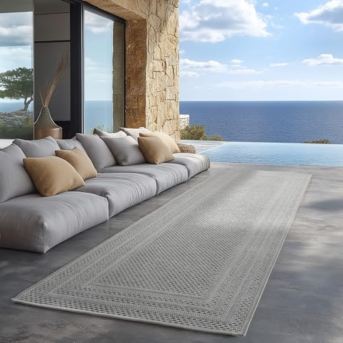 Carpettex Outdoor Teppich wetterfest Grau 80x250 cm Läufer, UV-beständig, ideal für Küche, Balkon, Terrasse auch Wohnzimmer und Esszimmer, Einfarbiges Design mit Bordüre
