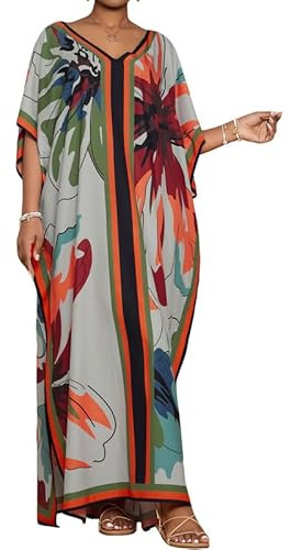 Bsubseach V-ringad plusstorlek kaftan klänning kortärmad baddräkt täcker upp myskläder kaftan klänningar för kvinnor, Grå fjäril, en storlek
