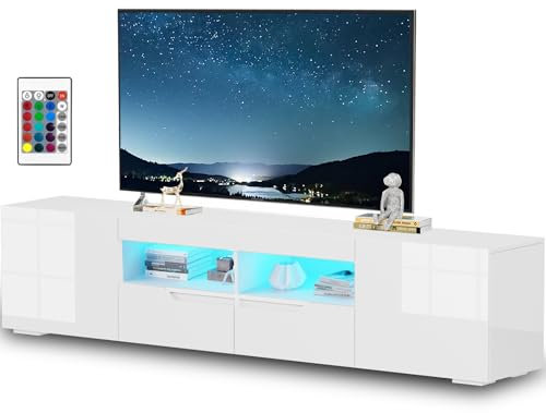 High Gloss 200CM TV Cabinet with 16 LED Lights – Modern TV Stand Unit up to 65–85 Inch TVs, Handleless TV Stand Cabinet with 2 Storage Drawers & Cupboards for Living Room, Entertainment Unit (White)