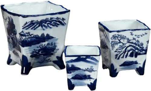 Vaso per Fiori carnoso in Stile Cinese, in Ceramica, Blu e Bianco, in Porcellana, Classico-L