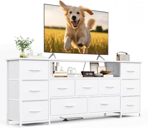 VERMESS 63 Tv Cabinet, Dresser for Bedroom with 11 Fabric Drawers, TV Stand with Power Socket for TVs up to 70, TV Units for Living Room, Bedroom, White