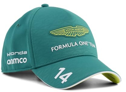 PUMA Aston Martin F1 2026 Fernando Alonso Team-Kappe | Gebogene Krempe mit verstellbarem hinteren Verschluss, Alle neuesten Team- und Partnerlogos