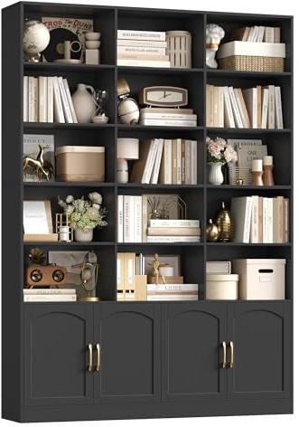 FirFurd 209 cm Bücherregal mit Türen Bücherschrank mit 15 Fächern schwarz | Vitrinenschrank, Hochschrank aus Holz, Mehrzweckschrank groß, Regal für Wohnzimmer Arbeitszimmer Küche, 150 x 23,7 x 209 cm