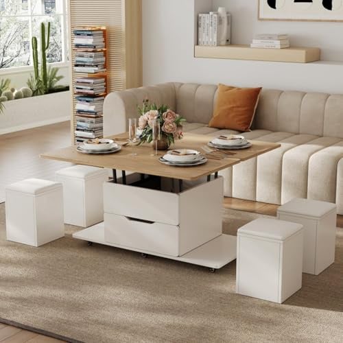 Homary Table Basse Relevable en Bois Blanc & Naturel avec 4 Chaises | Chaises Cachées Moelleuses, Tournante Hydraulique, Rangement Intégré, Meuble Moderne Multi-Fonction