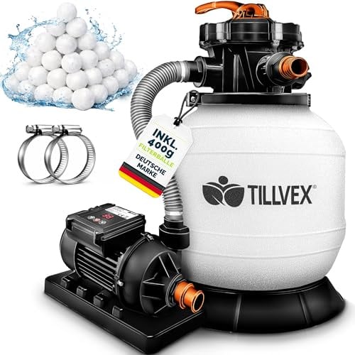 tillvex® Sandfilteranlage Pool mit Timer 7.900L/h + 400g Filterbälle | Filteranlage inkl. 7-Wege Ventil & 2in1 Adapter Ø32 - 38mm | Poolfilter mit Druckanzeige & Pumpe | Sandfilter Selbstansaugend