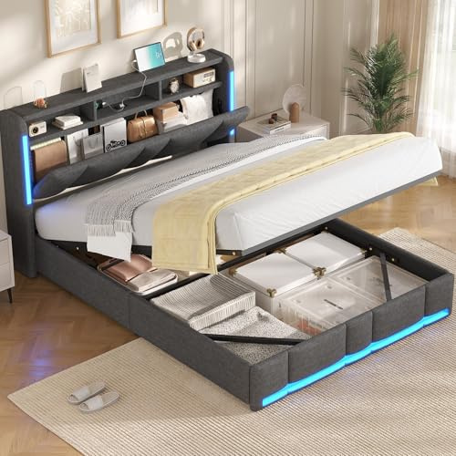 AOGLLATI King Size Ottoman Bed Frame 150×200 cm with Hydraulic Storage, Charging Station & LED Lights, King Size bed frame with Storage Headboard, Sturdy Wood Slats, Dark Grey Linen (King-150x200cm)