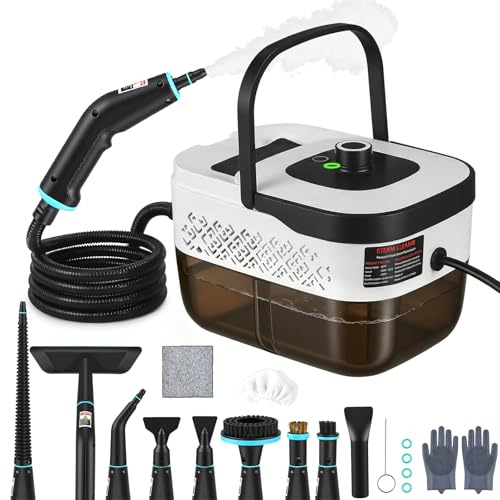 Limpiador de vapor de mano de 2500 W para el hogar, vaporizador portátil de 3 niveles con tanque de 1600 ml y 12 accesorios, limpieza de vapor de calor de 15 segundos para cocina, baño, detalles de