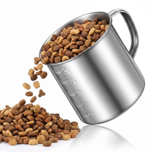GEEHUA Paletta per mangime, 250 ml, in acciaio inox, misurino per cibo per cani e gatti, con scala precisa, lavabile in lavastoviglie, per cibo secco per cani e gatti