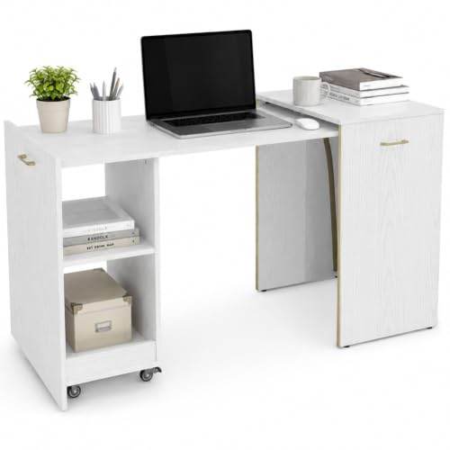 Shally Dogan Mobile con Tavolo a Scomparsa Richiudibile Multiuso, Scrivania con Libreria Design Salvaspazio e Versatile, Mobiletto Armadio da Casa, Ufficio, Chiusura Magnetica, Bianco Frassinato