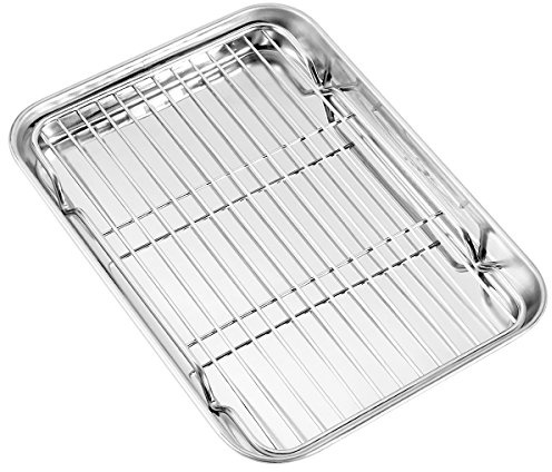Baking Sheet with Wire Rack, Cookie Sheet Baking Pan Toaster Oven Tray with Cooling Rack, Stainless Steel Eighth Sheet Pan with Rack 9' x 7' x 1', Healthy & Non Stick & Dishwasher Safe