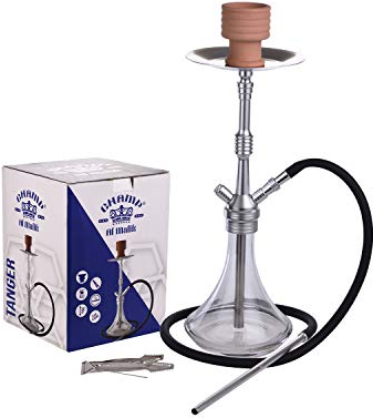 CHAMP Al Malik - 508 109 Lot 1 * Chicha Tanger, Pince à Charbon, Foyer en Terre Cuite, Tuyau en Silicone – Vase en Verre- Finition Soft Touch - Transparent - Argent - 50 cm