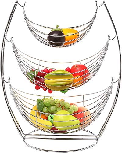 Swing Basket Rack Chrome Silver Hammock Fruit Vegetables Produce Metal Kitchen Display Stand Portable Storage Basket Fruit Bowl Compact Kitchen Holder (3 TIER BASKET)