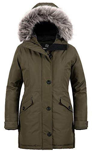 Wantdo Femme Veste Matelassé Coton Chaude Coupe-Vent Blouson avec Capuche Fausse Fourrure Manteau Hiver Long Casual Slim Fit Décontracté Vert Militaire XL