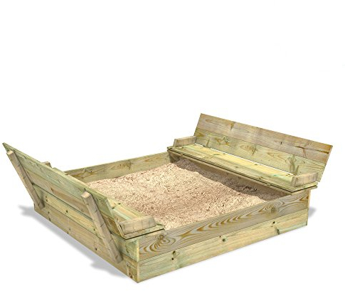 WICKEY Sandkasten Holz Sandkiste mit Klappdeckel und Sitzbank Flippey 130 x 165 cm für Kinder, Buddelkiste, Spielplatz im Garten aus Holz, langlebiger Abenteuerspielplatz für Kinder