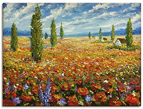 ARTLAND Wanddeko Leinwand Bilder Wandbild 80x60 cm Landschaft Blumenbilder Mohnblume Natur Gemälde Rot U1SV