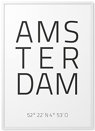 Papierschmiede® Geo Poster Koordinaten Amsterdam, A4 Gerahmt im Holzrahmen (weiß), Stadt Bild als Wanddeko für Wohnzimmer Schlafzimmer Küche Esszimmer, Niederlande Holland Oranje