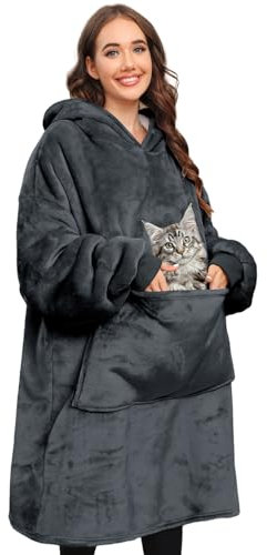 Yuson Girl Neutraler Kapuzenpulli mit Taschen Haustiermuster Winter Warm Übergröße Decke Sweatshirt Pullover mit Kapuze Langarm Kapuzenpulli Super Weich Bequem Riesen Kapuzenpulli(Grau)