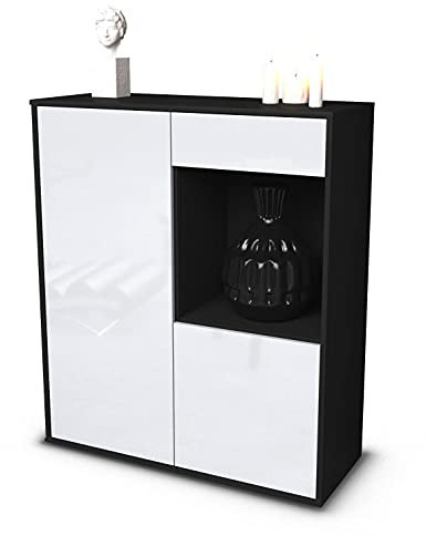 Stil.Zeit Highboard Lena, Korpus anthrazit matt, Front Hochglanz-Design Weiß (92x108x35cm), Push-to-Open Technik & Leichtlaufschienen