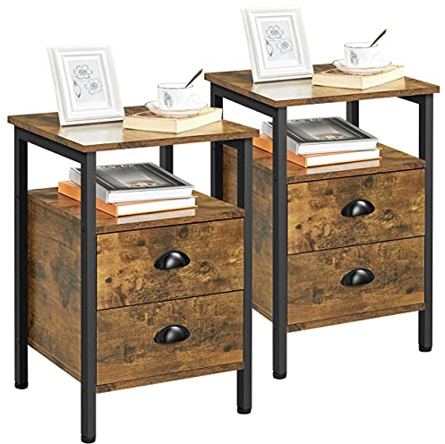 Yaheetech Bedside Table Set of 2,Bedside Cabinet with 2 Drawers and Open Shelf, Narrow Side End Table with Strong Metal Frame for Bedroom Home,Rustic Brown