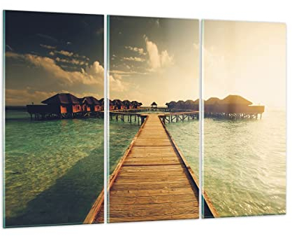 ARTTOR Mehrteilige Bilder auf Glas 165x110cm Glasbild Malediven Ferienhäuser Wasser Groß XXL Wanddeko Schlafzimmer Küche Set 3 teilige Wandbilder Dekoration Wohnzimmer Modern Wand Art GCE165x110-4951
