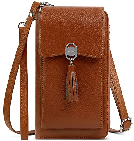 Pearl Angeli Handytasche zum Umhängen Damen,Leder Handy Umhängetasche RFID Schutz Schultertasche, mit 16 Kartenfächer Verstellbar Schultergurt,Klein Crossbody Tasche Geldbörse(Leder Braun)