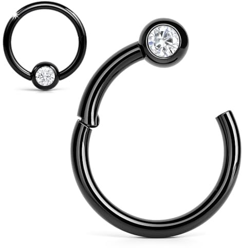 PIERCINGO® CLICKER TITAN G23 Septum Nasen-ring SEGMENT-RING Piercing-Ring Scharnier Nase Ohr Brust Intim Lippe Augenbraue CHIRURGEN-STAHL 316L EDEL-STAHL (1.2 x 10 mm, Stahl Schwarz, 1 K. Weiss)