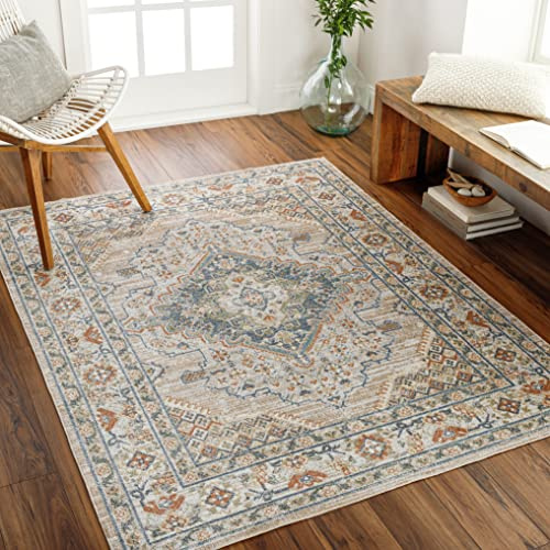 Livabliss Manama Machine Washable – Vintage Boho Design für Wohnzimmer, Esszimmer, Küche, Flur & Outdoor, 200x275 cm, Pflegeleichter Flor, Großes Format, Beige, Blau & Dunkelorange