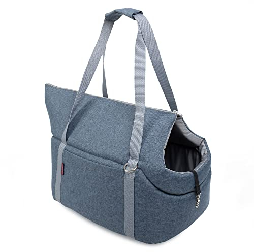 Transporttasche für Hunde und Katzen | Schultertasche für Haustiere mit Gummiband mit Karabiner | bis 15 kg | Material: Polyester | Größe: L | Denim-Imitat